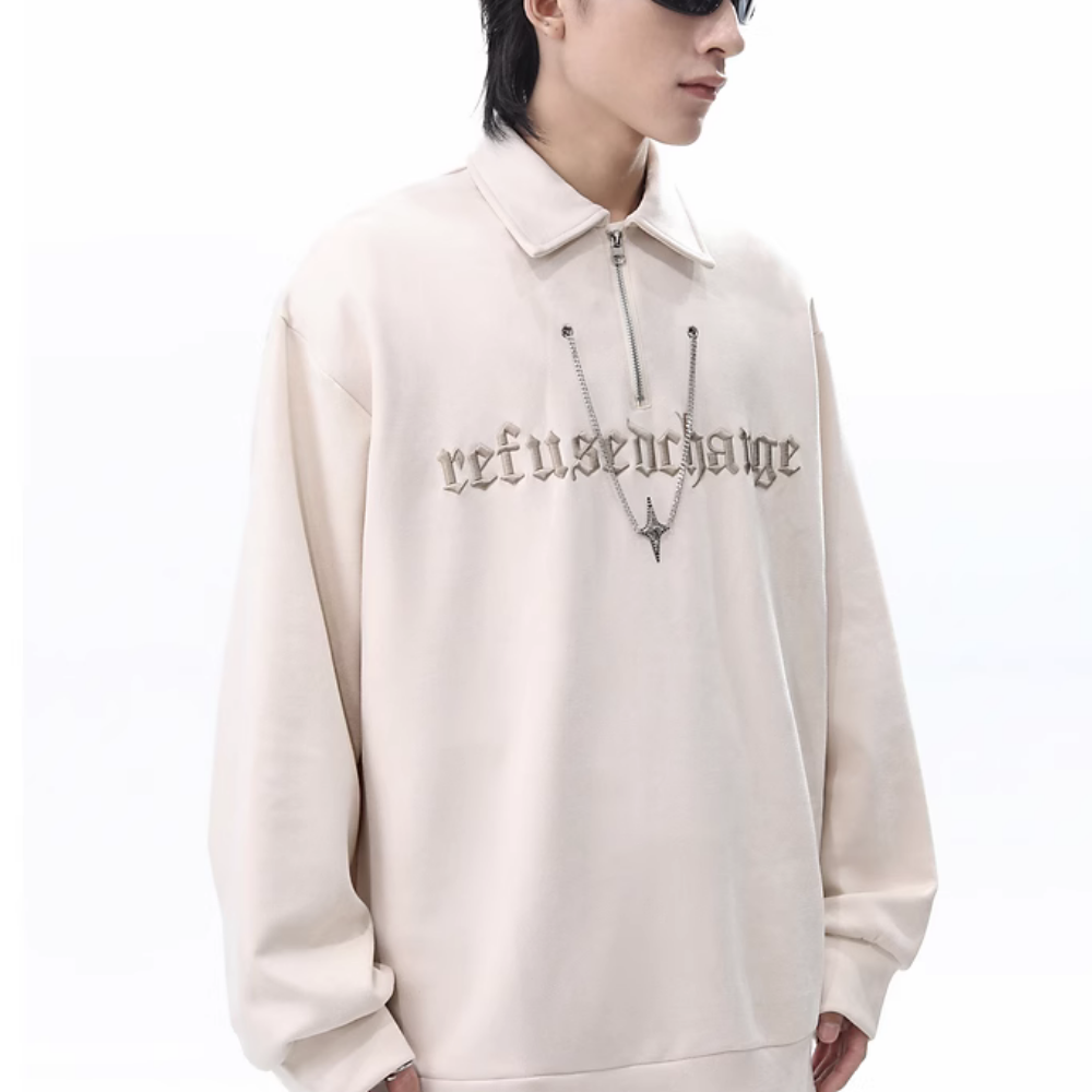 Letter Embroidered Suede Sweatshirt